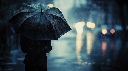 A person holds a black umbrella in heavy rain on a dark, blurry street illuminated by distant car lights.