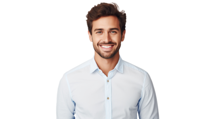 A man in a white shirt smiling at the camera, isolated on a transparent background. PNG