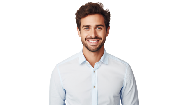 A man in a white shirt smiling at the camera, isolated on a transparent background. PNG