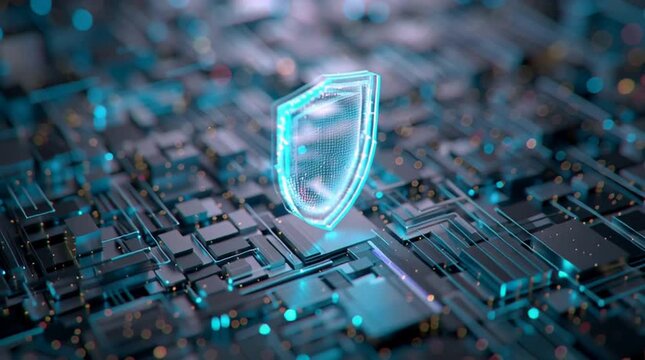 A glowing digital shield protecting a circuit board, symbolizing advanced cybersecurity and robust IT data protection systems.