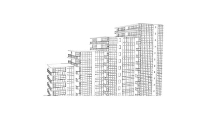 Modern high rise apartment building wireframe rendering shows urban architecture and design for real estate firms and construction companies promotions