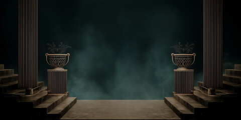 A dramatic ancient stone setting with towering pillars, misty fog, and grand staircases creating a mysterious, cinematic atmosphere perfect for fantasy or mythic themes.