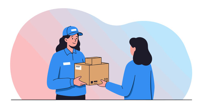 Delivery service interaction showing courier handing package to custom