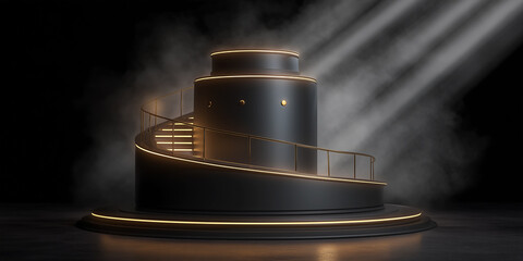 A minimalist black podium with glowing gold accents and ropes, leading up to two pillars on a dark, elegant background.