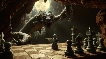 An ancient dragon, with wings tucked and eyes glowing like embers, is perched on a massive stone ledge, peering down at a life-sized chessboard. A knight made of animated stone is slowly rising from o