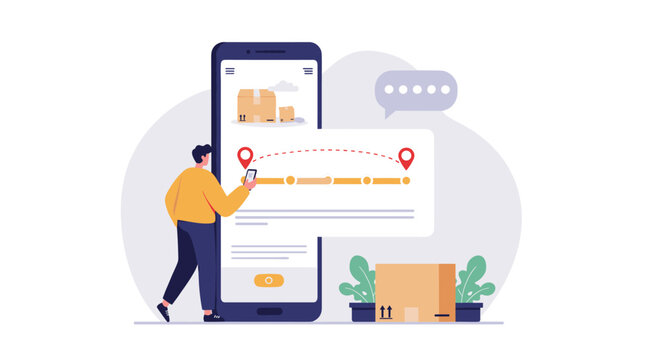 Man tracking package delivery on smartphone with shipping boxes nearby
