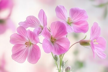 Fototapeta premium A soft and delicate closeup of pink geranium flowers in full bloom bathed in