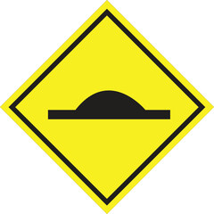 Yellow diamond warning sign indicating a speed bump ahead on the road