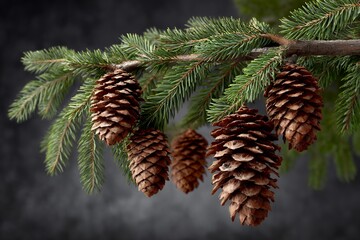 Close-up of pine cones and evergreen branch on dark background