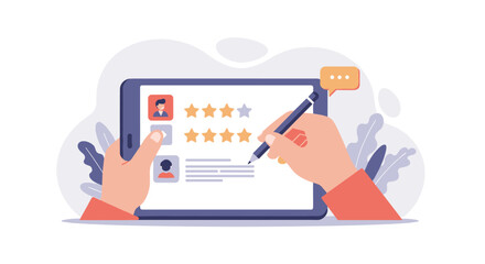 Customer review rating concept with stars and feedback on digital tabl