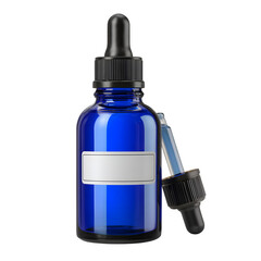 Blue glass dropper bottle with blank label isolated on transparent background