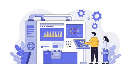 Modern factory automation with workers operating industrial machine se