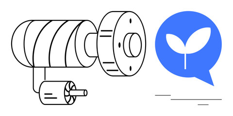 Engine turbine mechanics connected to a blue eco-speech bubble with a leaf sprout. Ideal for green technology, renewable energy, eco-innovation, sustainability, mechanics, engineering, environmental