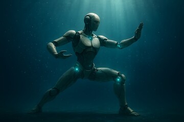 Fototapeta premium Digital Artwork of a Futuristic Robot Practicing Martial Arts Underwater