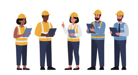 Diverse construction team in hard hats with clipboards discussing proj