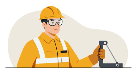 Construction worker holding angle finder tool in safety gear