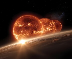 the image depicts a celestial scene with three large, fiery orbs dominating the view, resembling suns