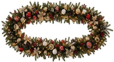 An enchanting oval-shaped Christmas garland, richly adorned with warm white lights, a variety of matte and glossy ornaments in red, gold, and white, natural pinecones, and festive red berries.