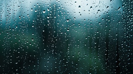 Rain droplets on a windowpane with a blurred, moody background in shades of blue and green.