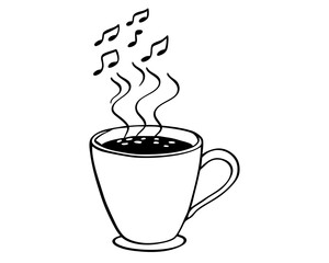 Steaming coffee cup with musical notes silhouette