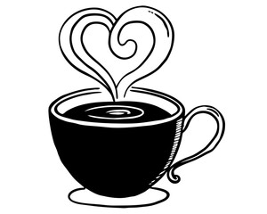 Cup of hot coffee with steam forming heart silhouette