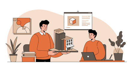 Team collaboration on architectural model design in modern office sett