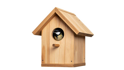 Bird peeking out of handmade birdhouse in spring garden isolated on white background
