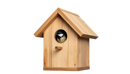 Bird peeking out of handmade birdhouse in spring garden isolated on white background
