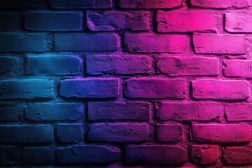 A textured brick wall is illuminated with vibrant neon lights in shades of pink