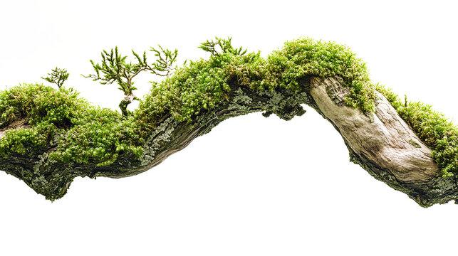 Vibrant green moss clings to the ancient tree trunk, its gnarled roots reaching towards the forest floor amidst a spring landscape, isolated on transparent background. PNG
