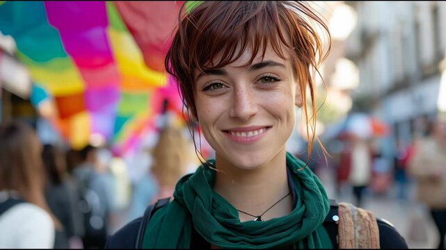 Portrait of a happy woman enjoying in pride parade