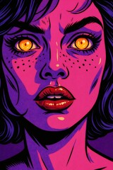 Mysterious woman with golden gaze, ruby lips, purple complexion, sporting avant garde pop art aesthetic and skeptical demeanor
