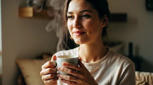Smiling Woman Holding a Warm Cup of Coffee in a Cozy Home Setting with Soft Natural Light
