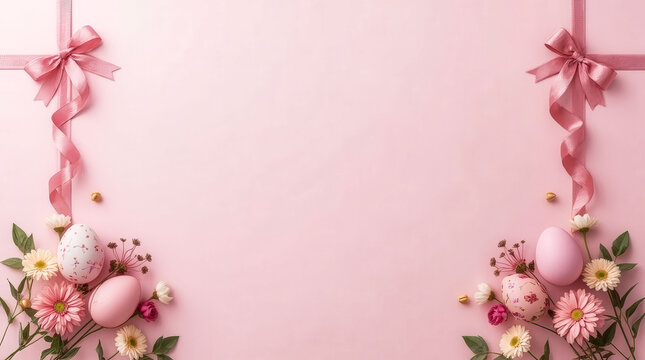 A pink background with a pink ribbon and flowers. The ribbon is tied to the top of the background