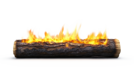 A single log burning with flames isolated on transparent background. PNG