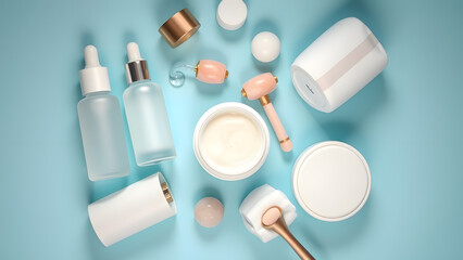 Elegant top-down view of skincare essentials and beauty tools on a calming blue surface, perfect for health and beauty promotions.