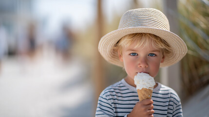 Little boy in a straw hat and striped shirt enjoys eating an ice cream cone on a sunny day at the beach.