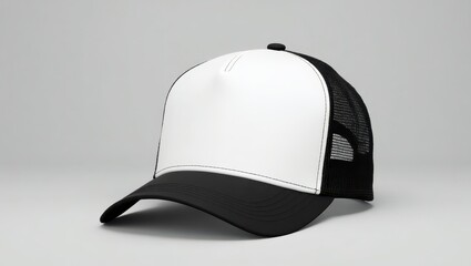 A black and white trucker style baseball cap.