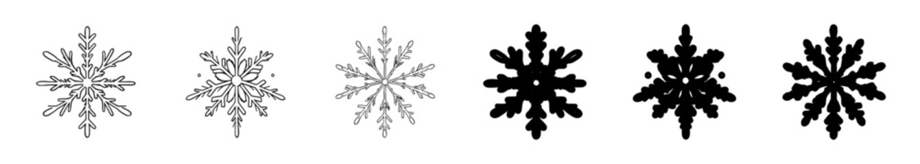 Snowflake Variations: A set of six elegant line art and solid snowflakes, showcasing diverse styles and designs, perfect for winter-themed projects.