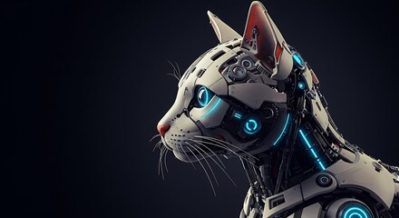 Side view of a futuristic cyborg feline with advanced mechanical parts and luminous blue details on a dark background