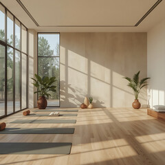 Fototapeta premium A serene yoga studio in a holistic wellness center offers a calm atmosphere, natural light, minimalist design, spacious floor, and a peaceful environment for meditation, stretching, and mindfulness.