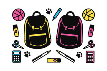 Two backpacks with school supplies basketballs in a flat lay education stationery