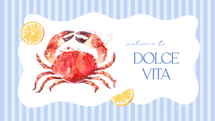 Hand drawn seafood retro poster. Crab with lemon slice on striped background in soft pastel colors. Vector illustration. © pim