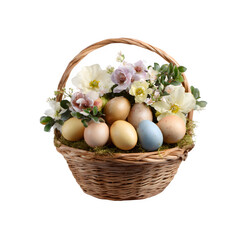 Wicker basket filled with colorful easter eggs and spring flowers isolated on transparent background