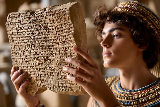 Young caucasian male examining ancient cuneiform tablet in archaeological setting