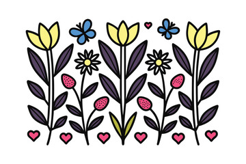 A charming flat yellow tulips blue butterflies pink strawberries hearts flower butterfly