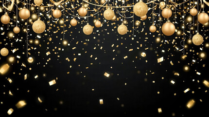 A gold and black background with many gold and silver balls hanging from the ceiling. The balls are scattered all over the background, creating a festive and celebratory atmosphere