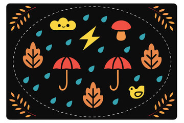 Whimsical autumn scene with umbrellas rain cloud lightning bird fall season