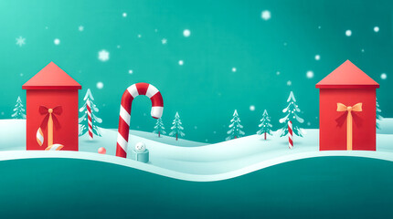 A Christmas scene with two red houses and a candy cane. The houses are decorated with bows and the candy cane is wrapped in a bow. The scene is set in a snowy landscape with trees in the background