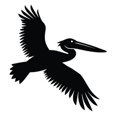 Silhouette of a pelican in flight with wings spread wide